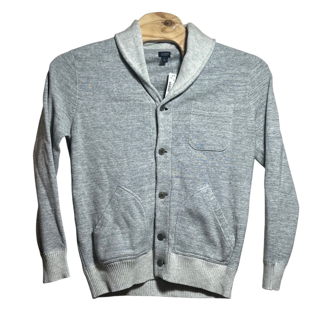 NEW J. Crew Mens Large Heather Grey Shawl Collar Button Cardigan Sweater